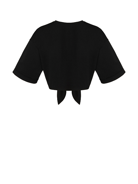 Укороченная черная футболка с завязками и молочной вышивкой, 2