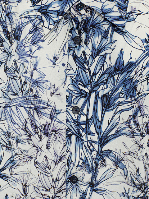 Белая блузка из шелка с синим цветочным принтом, 3