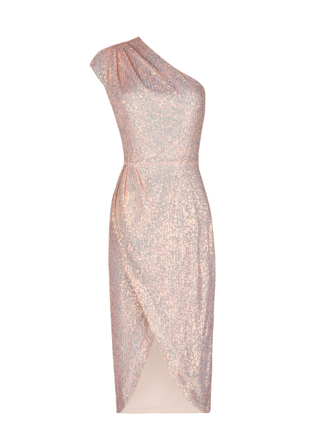 Асимметричное розовое платье-миди в пайетках, 1