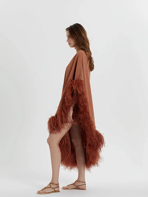 Коричневое асимметричное платье-миди с боа, 7 Коричневое асимметричное платье-миди с боа, 7