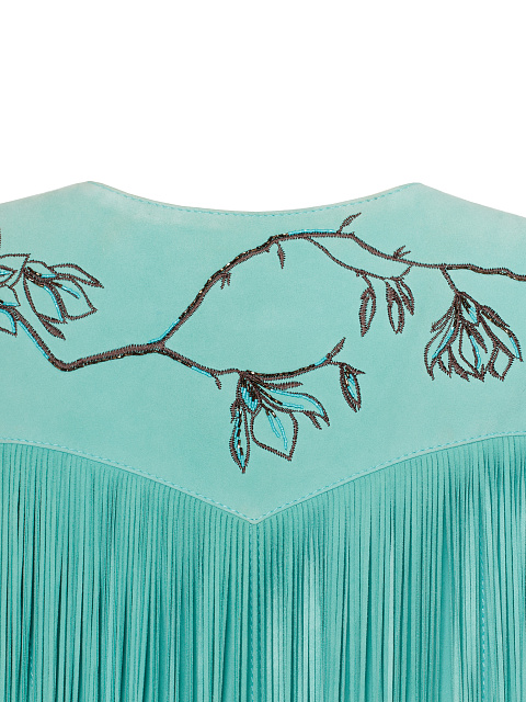 Бирюзовый жакет из замши с бахромой и вышивкой на спине, 3