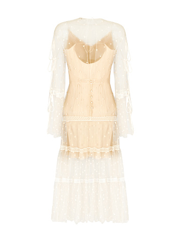 Бежевое платье из полупрозрачной сетки в горошек, 2