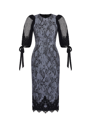 Серое платье-миди из денима с принтом и кружевом, 1