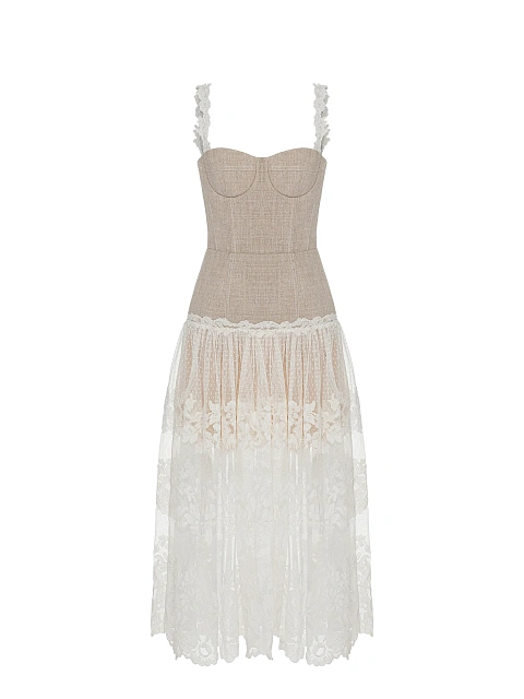 Бежевое платье-миди из льна и белого кружева, 1