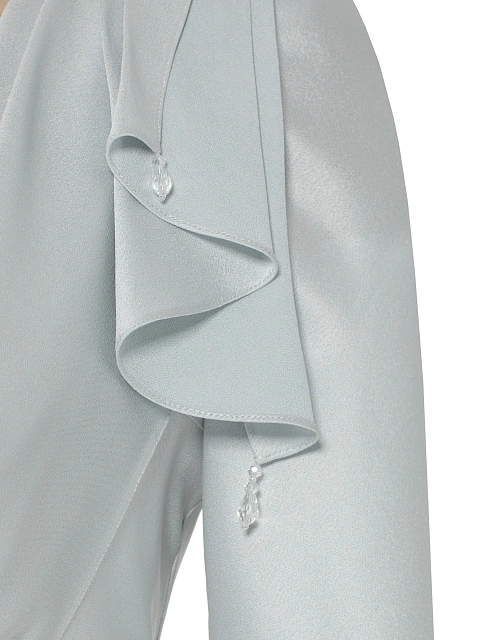 Серое платье-макси из шелка с драпировкой и перьями, 8