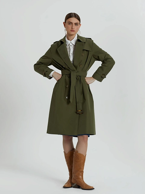 Двубортный тренч цвета хаки с поясом, 6