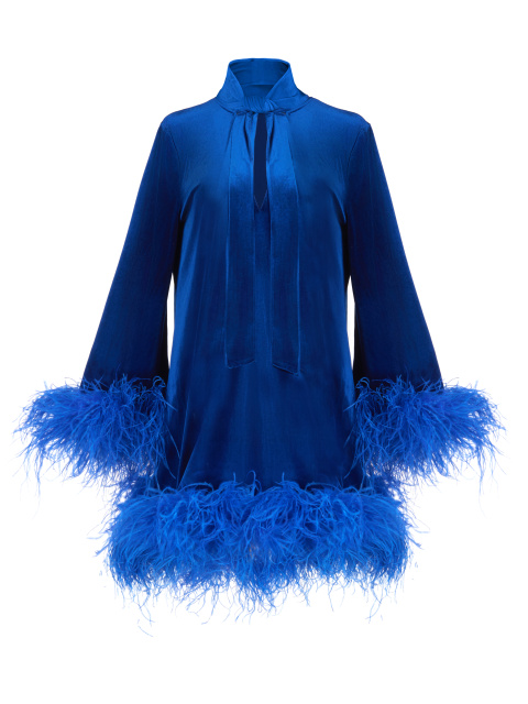 Ярко-синее бархатное платье-мини с перьями, 1