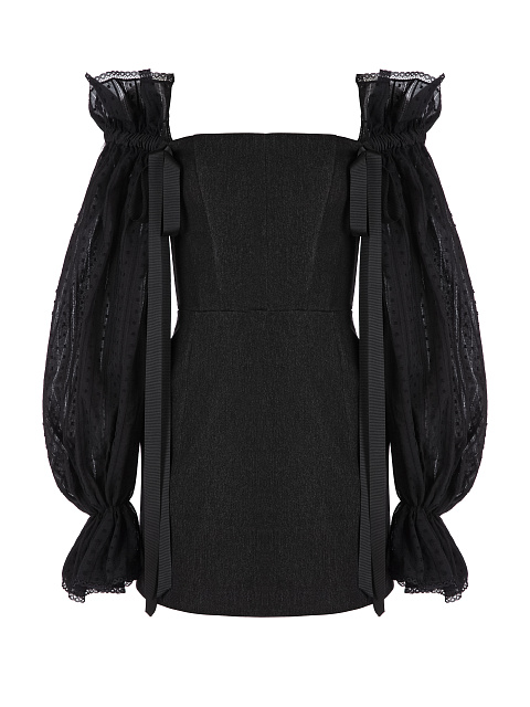 Черное платье-мини из денима с объемными рукавами, 1