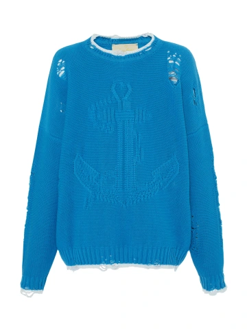 Синий унисекс хлопковый свитер с якорем, 1
