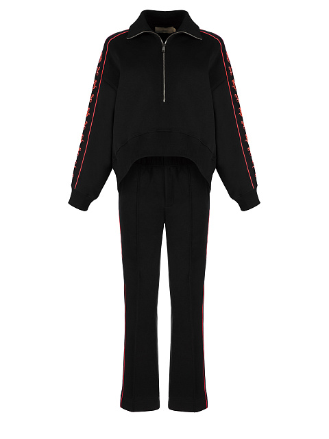 Черный костюм с укороченной толстовкой и розовой вышивкой, 1 Черный костюм с укороченной толстовкой и розовой вышивкой, 1