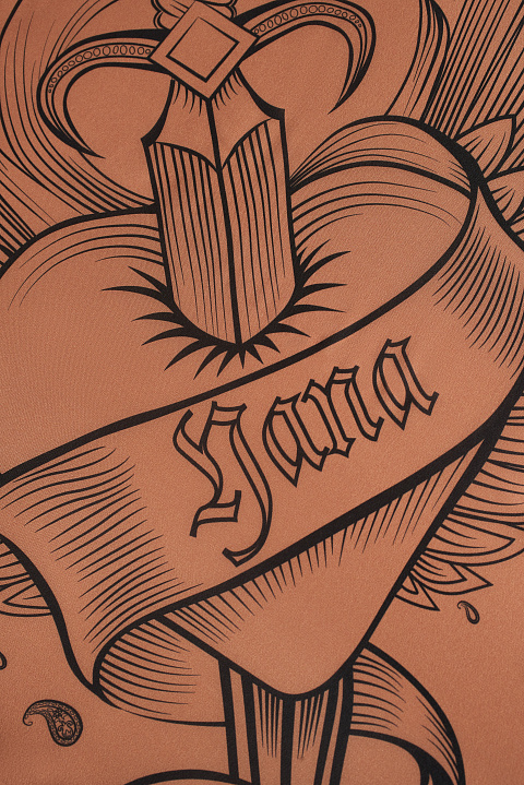 Коричневый шелковый платок с черным принтом, 3