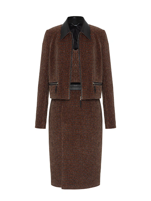 Коричневый костюм-тройка из жакета на молнии, топа и юбки-миди, 1