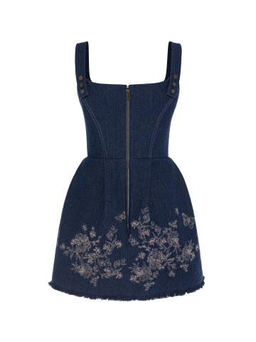 Синее платье-мини из денима с цветочной вышивкой, 2