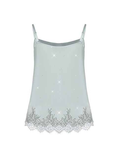Серый шелковый топ с кружевом и стразами, 2