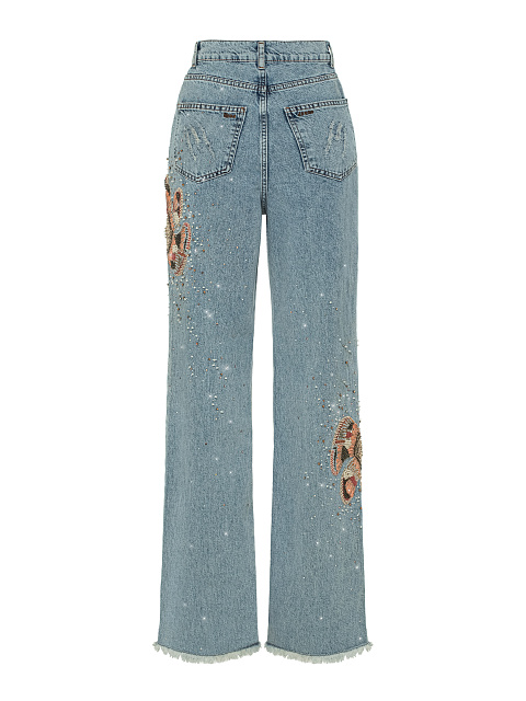 Расклешенные голубые джинсы с вышивкой и стразами, 2