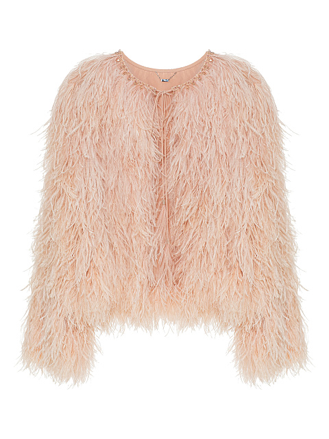 Укороченный жакет из розово-бежевых перьев, 1