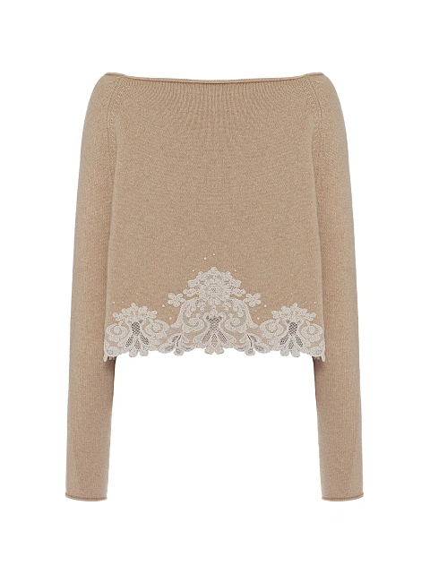 Бежевый укороченный пуловер из кашемира с жемчугом и кружевом, 2 Бежевый укороченный пуловер из кашемира с жемчугом и кружевом, 2