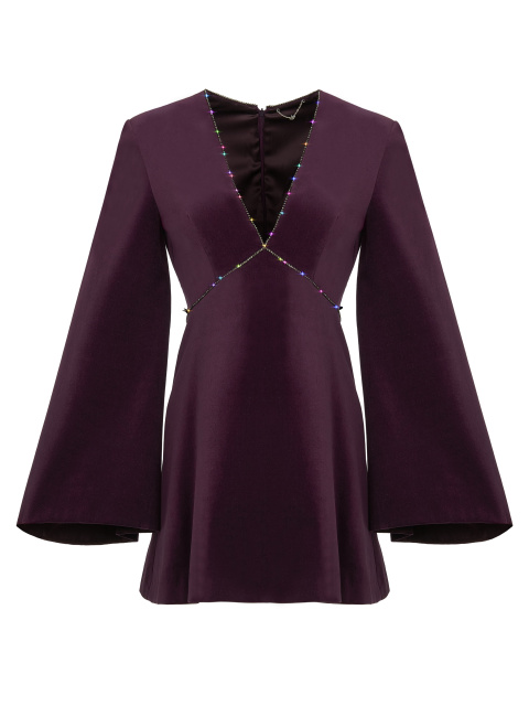 Платье-мини из фиолетового бархата с V-образным вырезом, 1