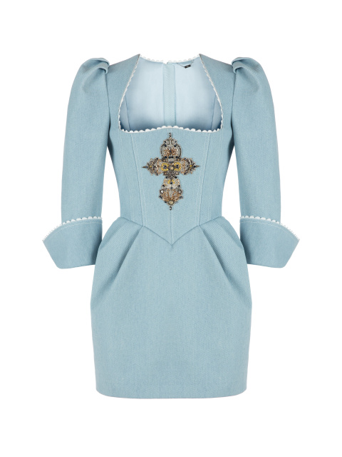 Голубое платье-мини из денима с вышивкой, 1