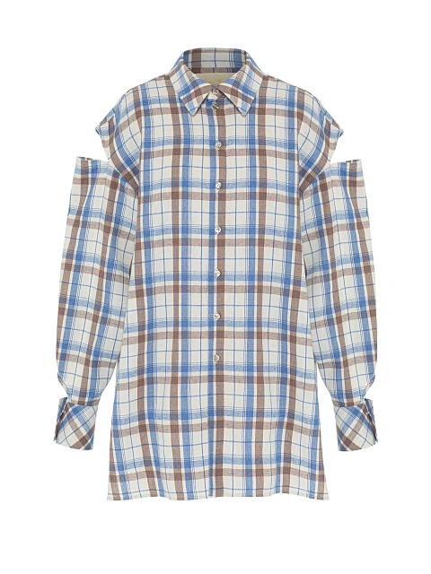 Бежевая рубашка в клетку с разрезами на плечах, 1 Бежевая рубашка в клетку с разрезами на плечах, 1