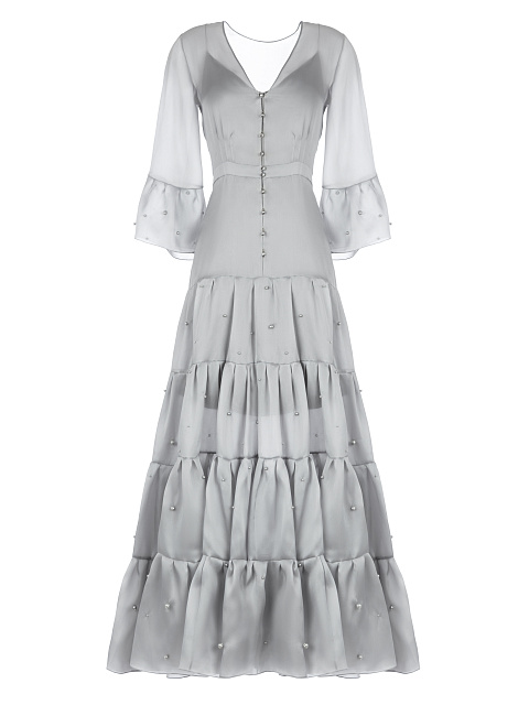 Серое платье из органзы с вышивкой жемчугом, 1