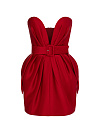 Платье мини из красного дюшеса, открытые плечи, глубокий вырез, складки по переду, пояс