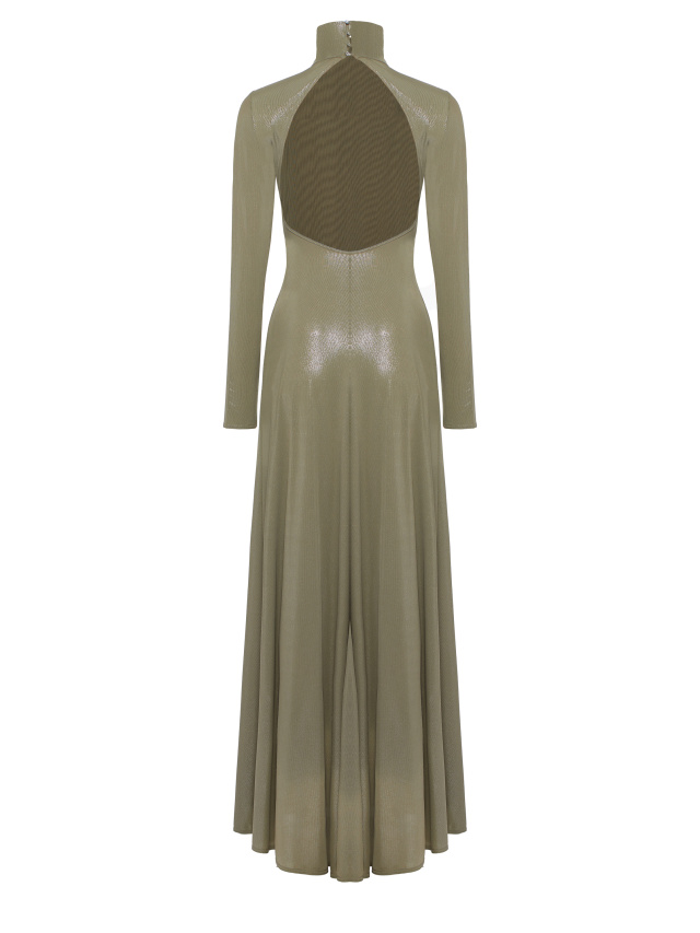 Оливковое трикотажное платье-макси с люрексом, 2