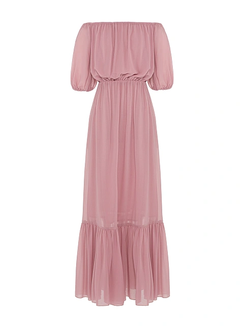 Пудровое платье-макси с открытыми плечами, 1
