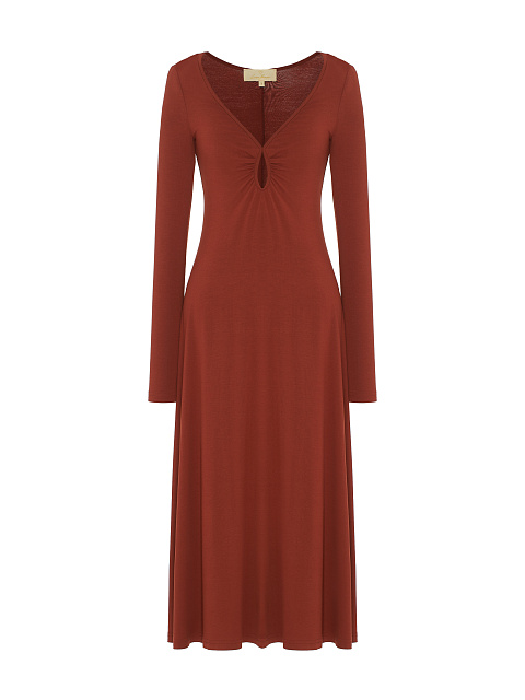 Коричневое трикотажное платье с фигурным вырезом, 1