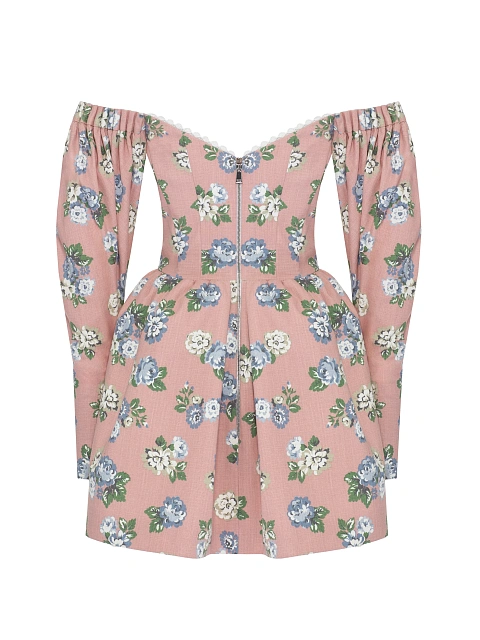 Розовое платье-мини из хлопка с цветочным принтом и открытыми плечами, 3 Розовое платье-мини из хлопка с цветочным принтом и открытыми плечами, 3