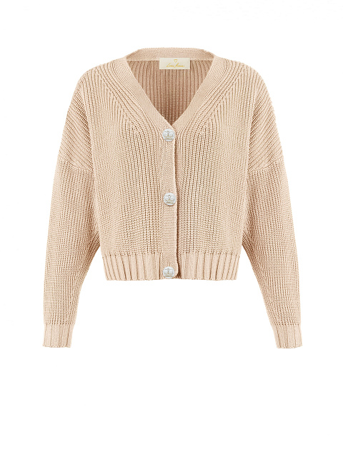 Бежевый вязаный комплект из топа и кардигана с белыми пуговицами, 4