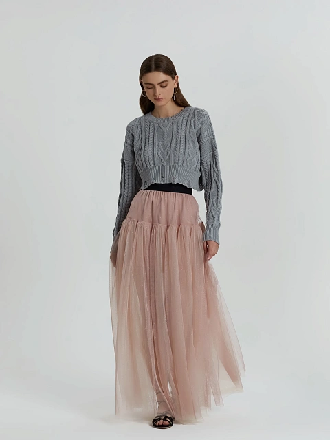 Розовая юбка-макси из прозрачного фатина с блестками, 2