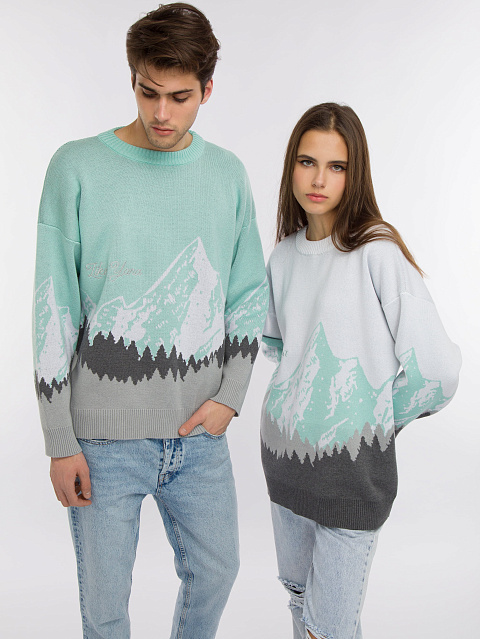 Бело-бирюзовый свитер с рисунком в виде гор, 9