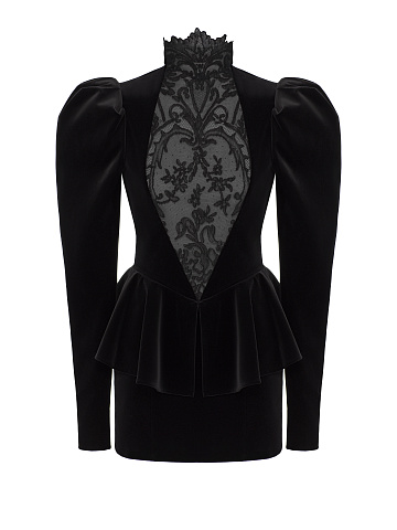 Черное платье-мини из бархата с кружевом и баской, 1