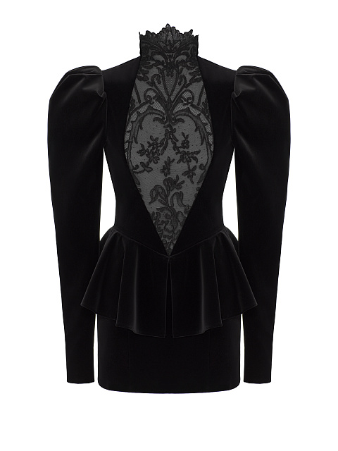 Черное платье-мини из бархата с кружевом и баской, 1