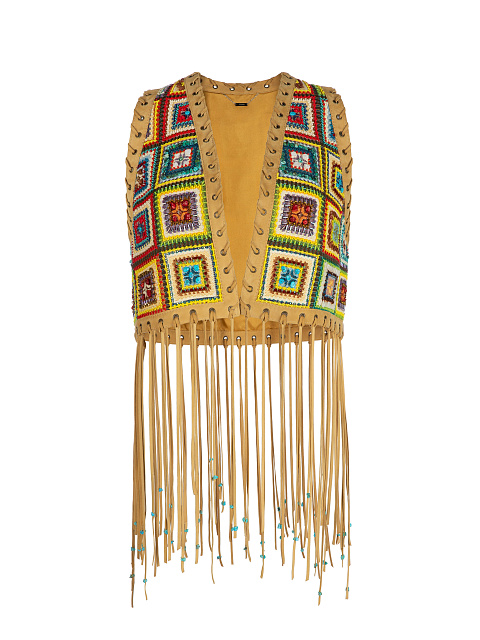 Коричневый жилет из замши с вышивкой и бахромой, 1