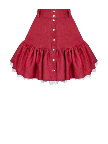 Красная юбка-мини из денима с отделкой из хлопкового шитья, 1