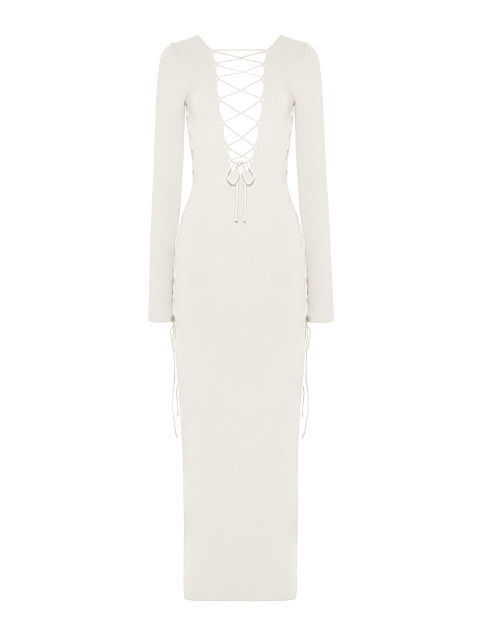Белое трикотажное платье-макси с вырезами и шнуровкой, 1