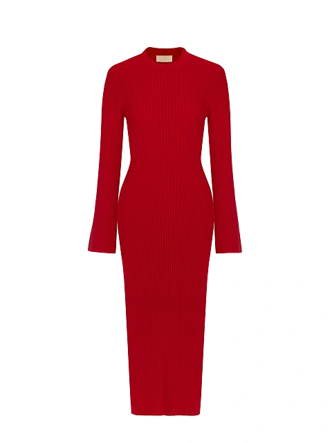 Красное вязаное платье-миди с круглым вырезом, 1 Красное вязаное платье-миди с круглым вырезом, 1