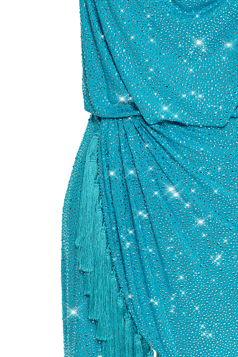Бирюзовое платье-мини со стразами и бахромой, 3