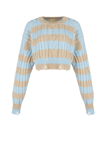 Укороченный хлопковый свитер в бежево-голубую полоску, 1