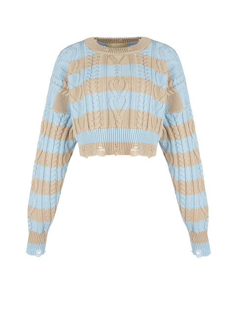 Укороченный хлопковый свитер в бежево-голубую полоску, 1 Укороченный хлопковый свитер в бежево-голубую полоску, 1