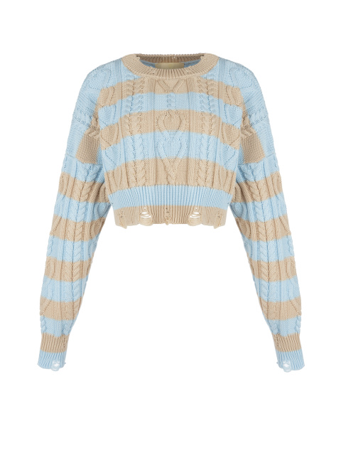 Укороченный хлопковый свитер в бежево-голубую полоску, 1