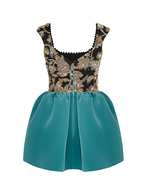 Платье-мини из бархата и жаккарда с цветочной вышивкой, 2