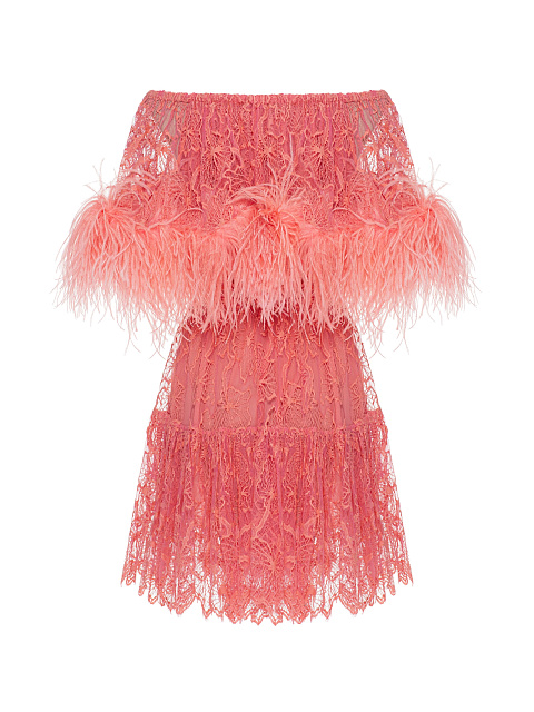 Коралловое платье-мини из кружева, 2