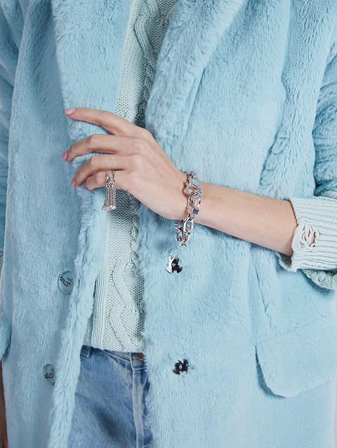 Бирюзовый однобортный жакет из эко-меха, 7