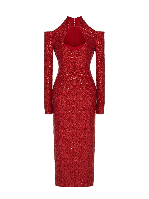 Красное платье-миди в пайетках с открытыми плечами, 1