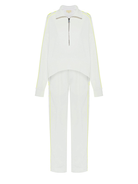 Белый костюм с укороченной толстовкой и неоново-желтой вышивкой, 1