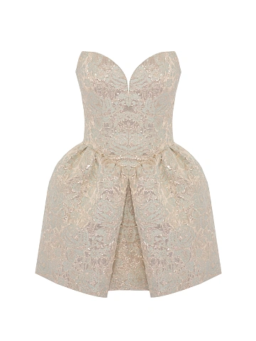 Бежевое платье-мини из парчи с золотистым узором, 1