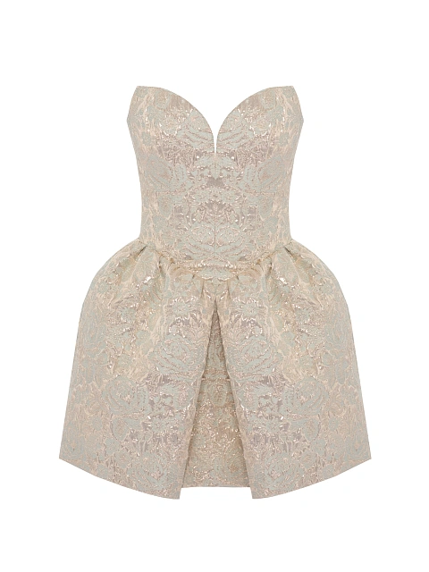 Бежевое платье-мини из парчи с золотистым узором, 1